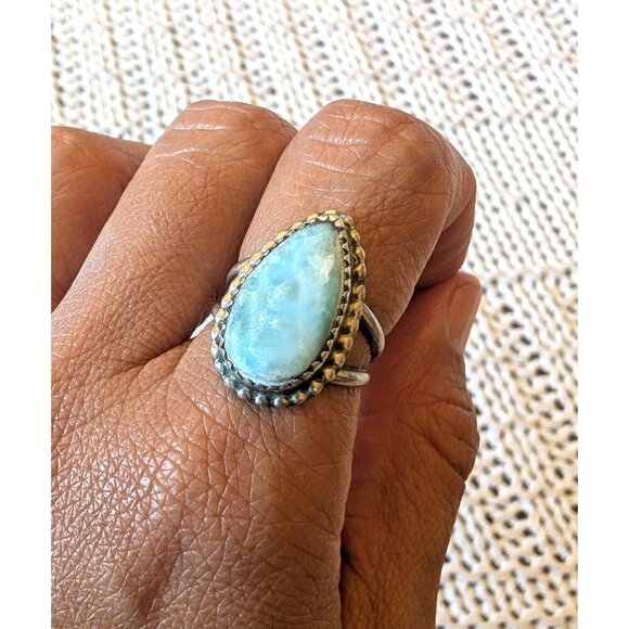 Navajo Sterling Silver Ring Size 7.2 signed AR YAZ Larimar Stone 5.9g Handmade - Picture 12 of 12